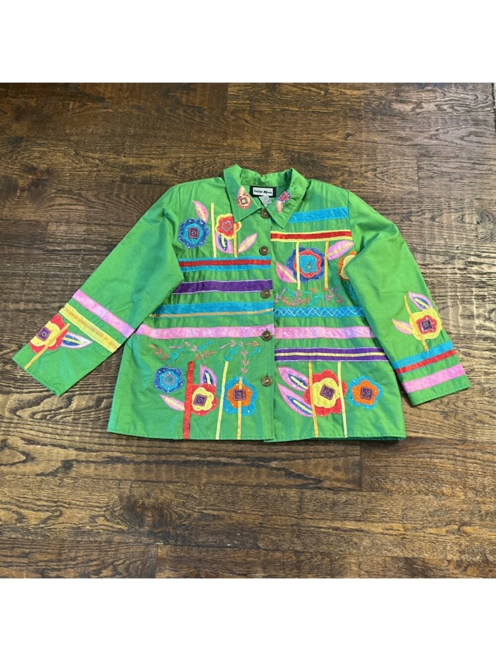 Indigo Moon Jacket Womens 1x Floral Applique Art to Wear Colorful Folkloric Boho